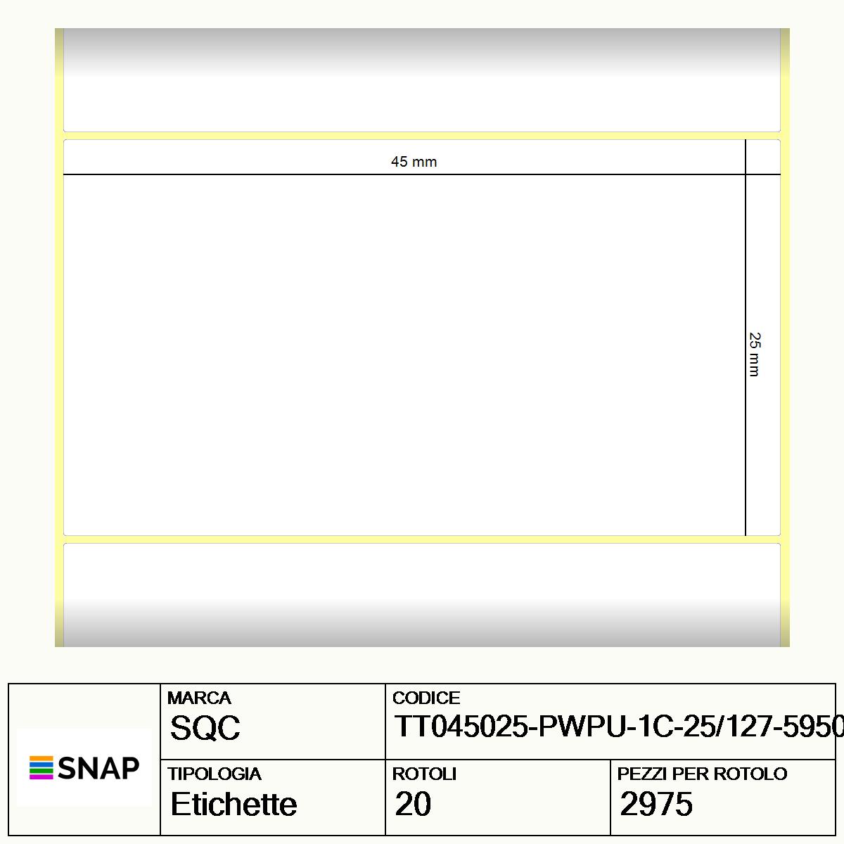 TT045025-PWPU-1C-25/127-59500 - Etichette SQC Personalizzato Carta